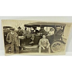 Antique 1920s Photograph Men with Early Automobile Ford Model T Touring Car